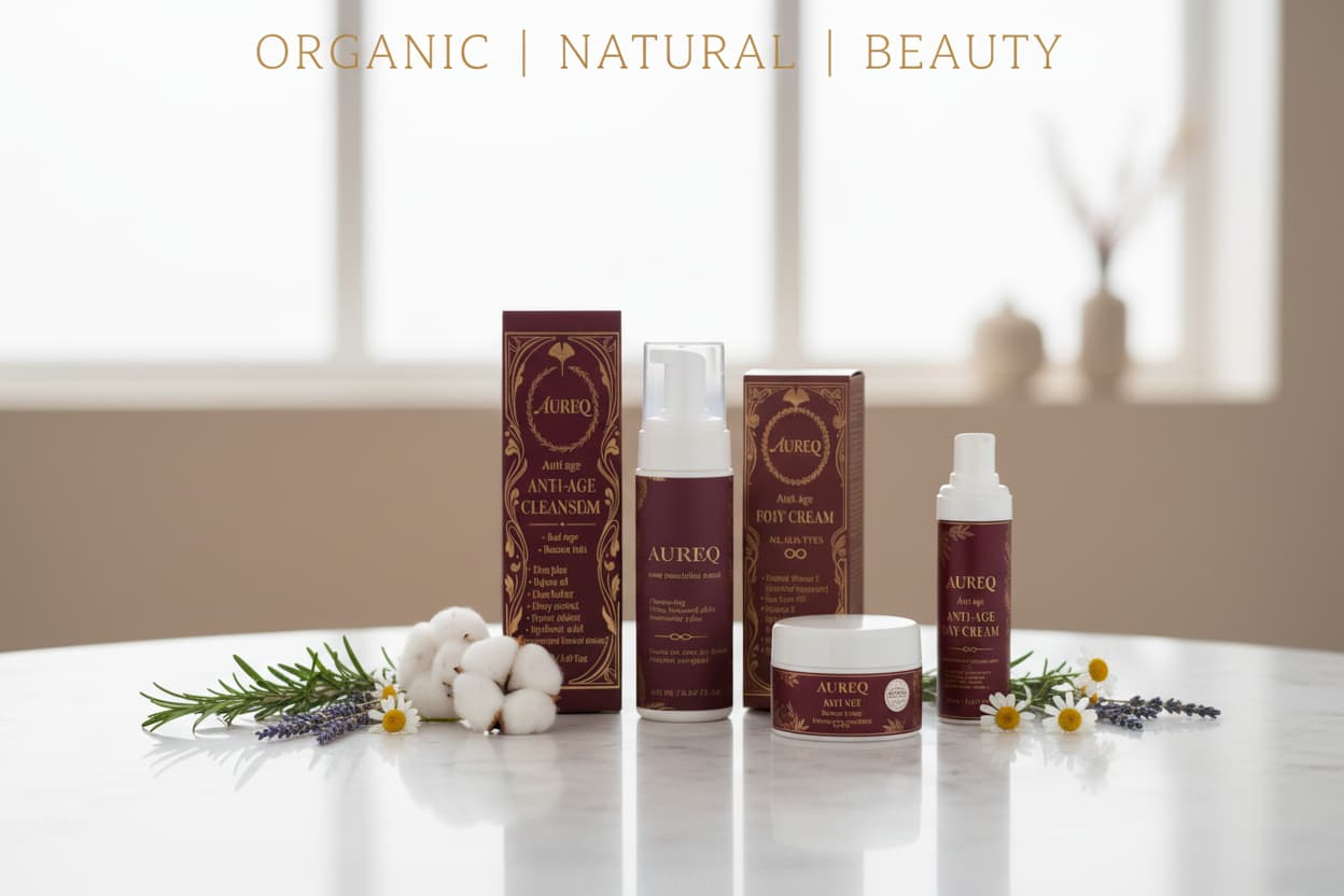 COSMOS certified skincare products by AUREQ - natural organic beauty with baby lotion, vitamin C serum and anti-age cream