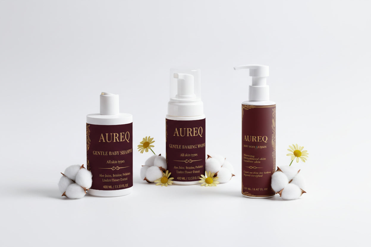 AUREQ Baby Care natural vegan products in meadow - gentle COSMOS certified baby skincare