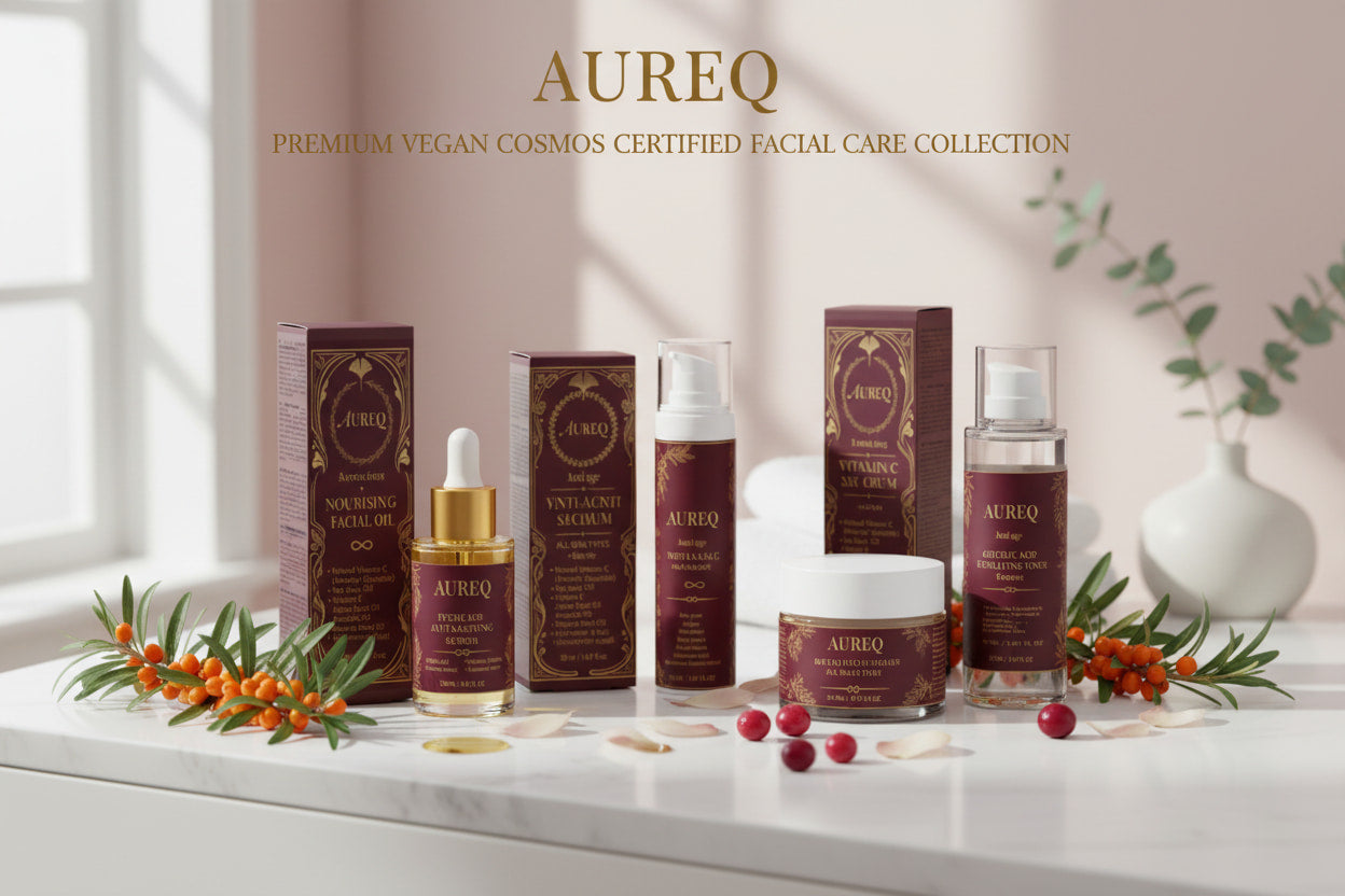 AUREQ Facial Care - Premium natural vegan skincare products including Vitamin C Serum and Anti-Age Day Cream, COSMOS Natural certified