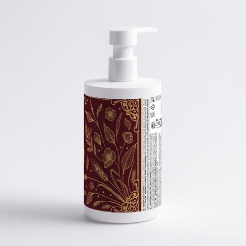 White bottle with floral design label on a light gray background