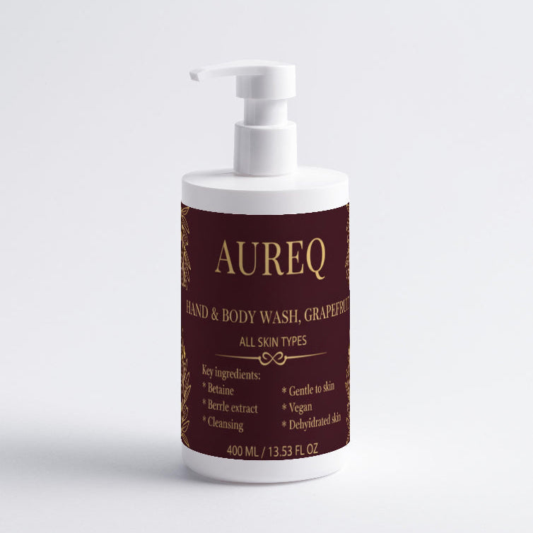 Aureq hand and body wash bottle with a white pump on a light gray background