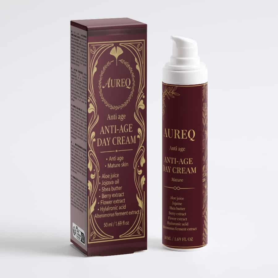 hyaluronic acid cream AUREQ Anti-Age Day Moisturizer 50ml pump bottle and box packaging