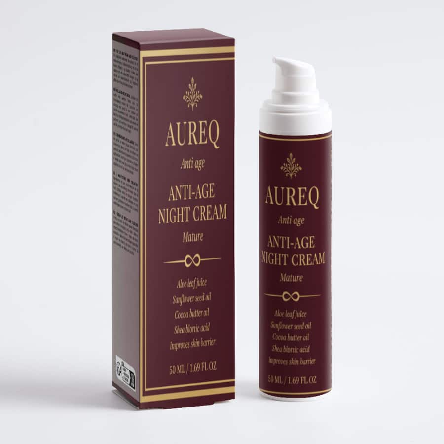 Alt Tag: organic anti-age night cream AUREQ collagen face moisturizer pump bottle with box, COSMOS Natural certified overnight renewal for firm skin