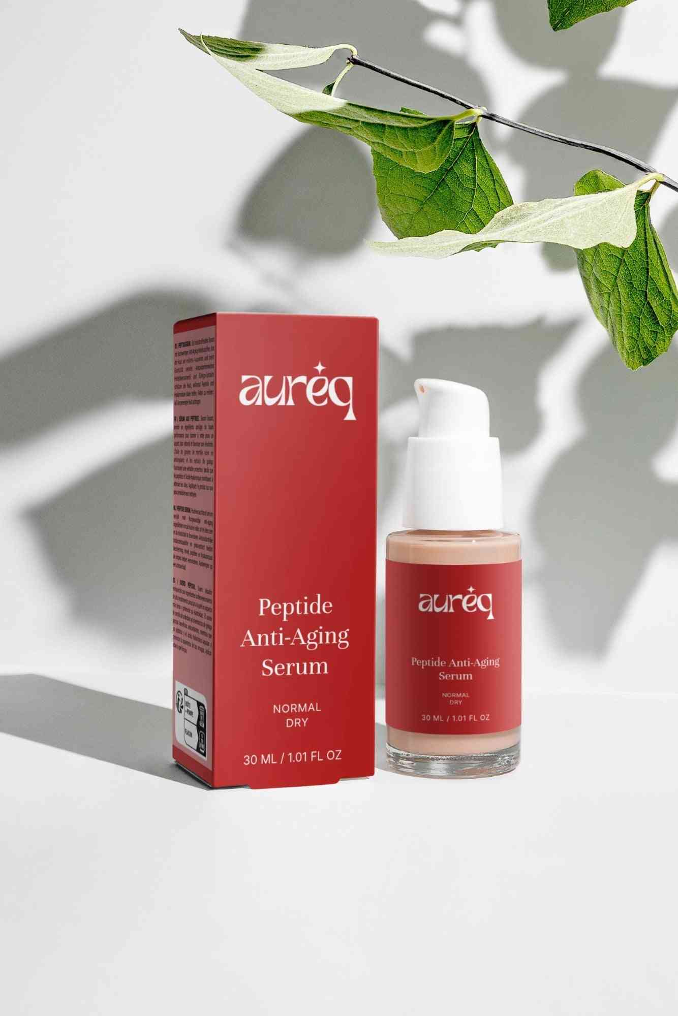 Aureq Peptide Anti-Aging Serum with packaging on a light background