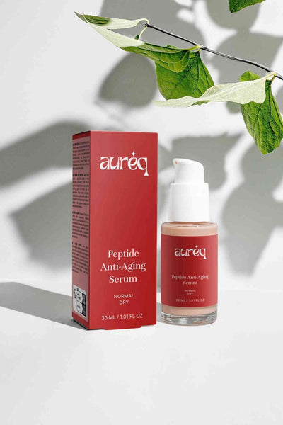Aureq Peptide Anti-Aging Serum with packaging on a light background