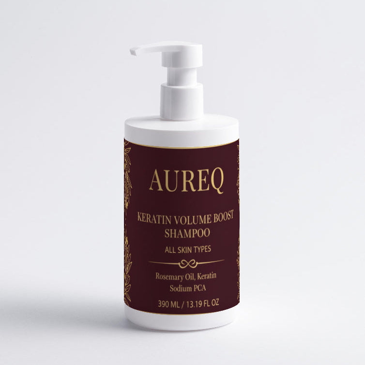 Aureq Keratin Volume Boost Shampoo bottle on a light gray background
