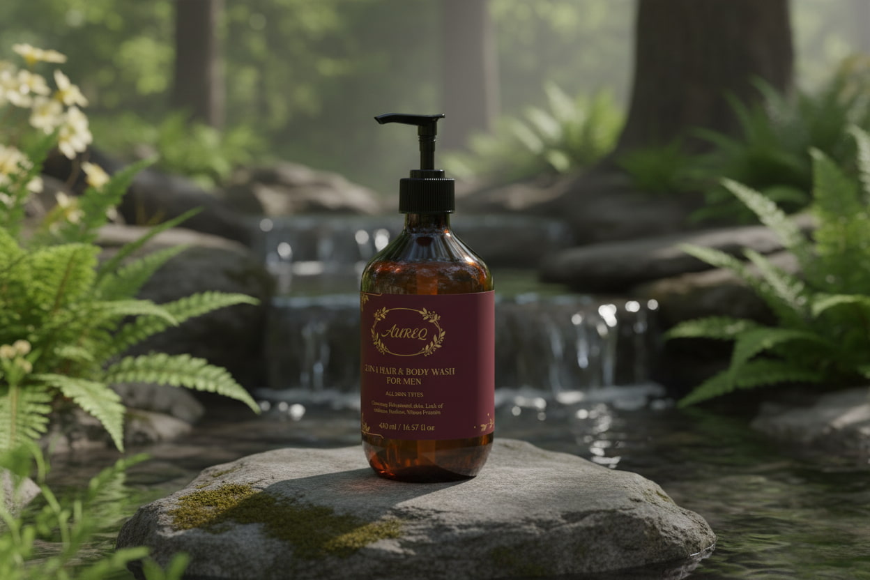 Bottle of soap on a rock with a natural background