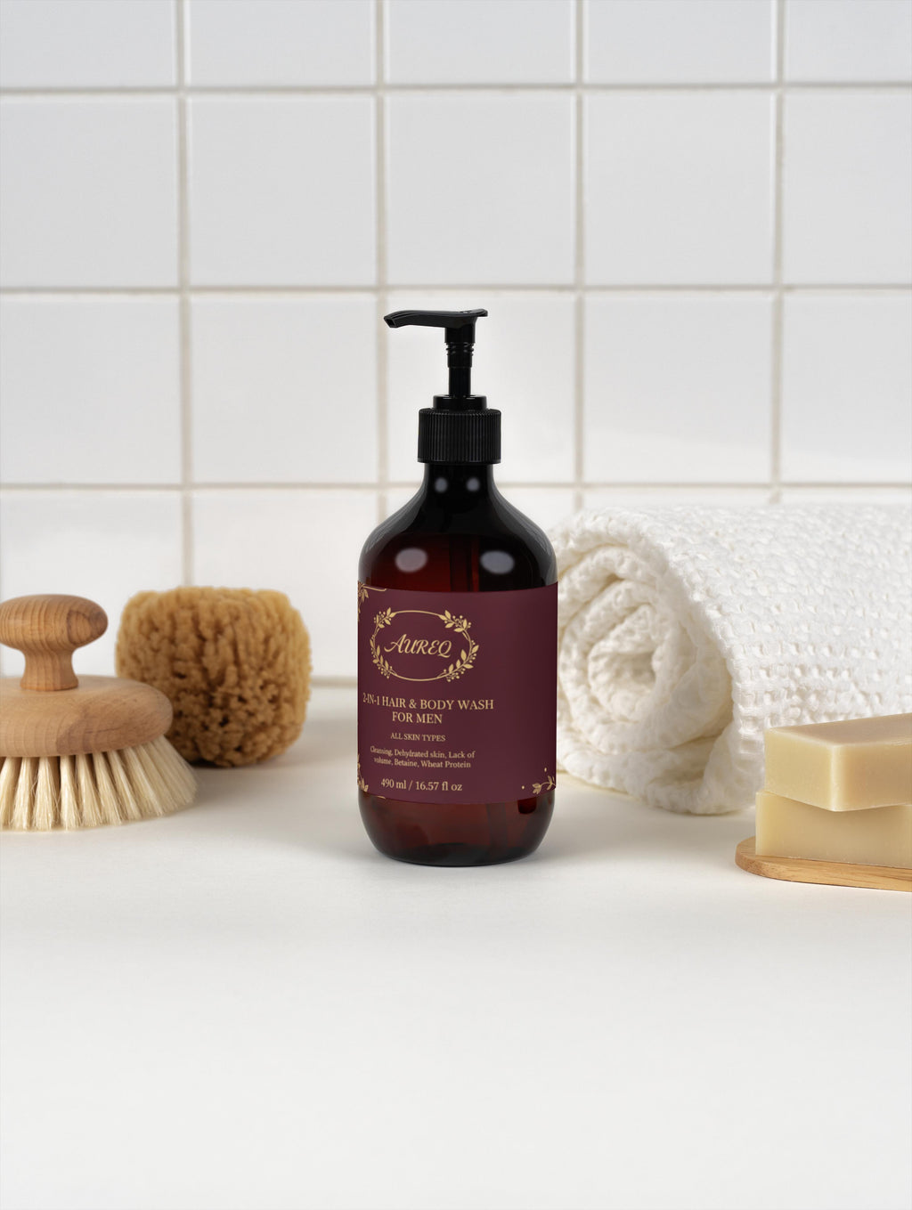 2-in-1 Hair & Body Wash for men pump bottle in bathroom setting, natural multi-use cleanser for hair and body