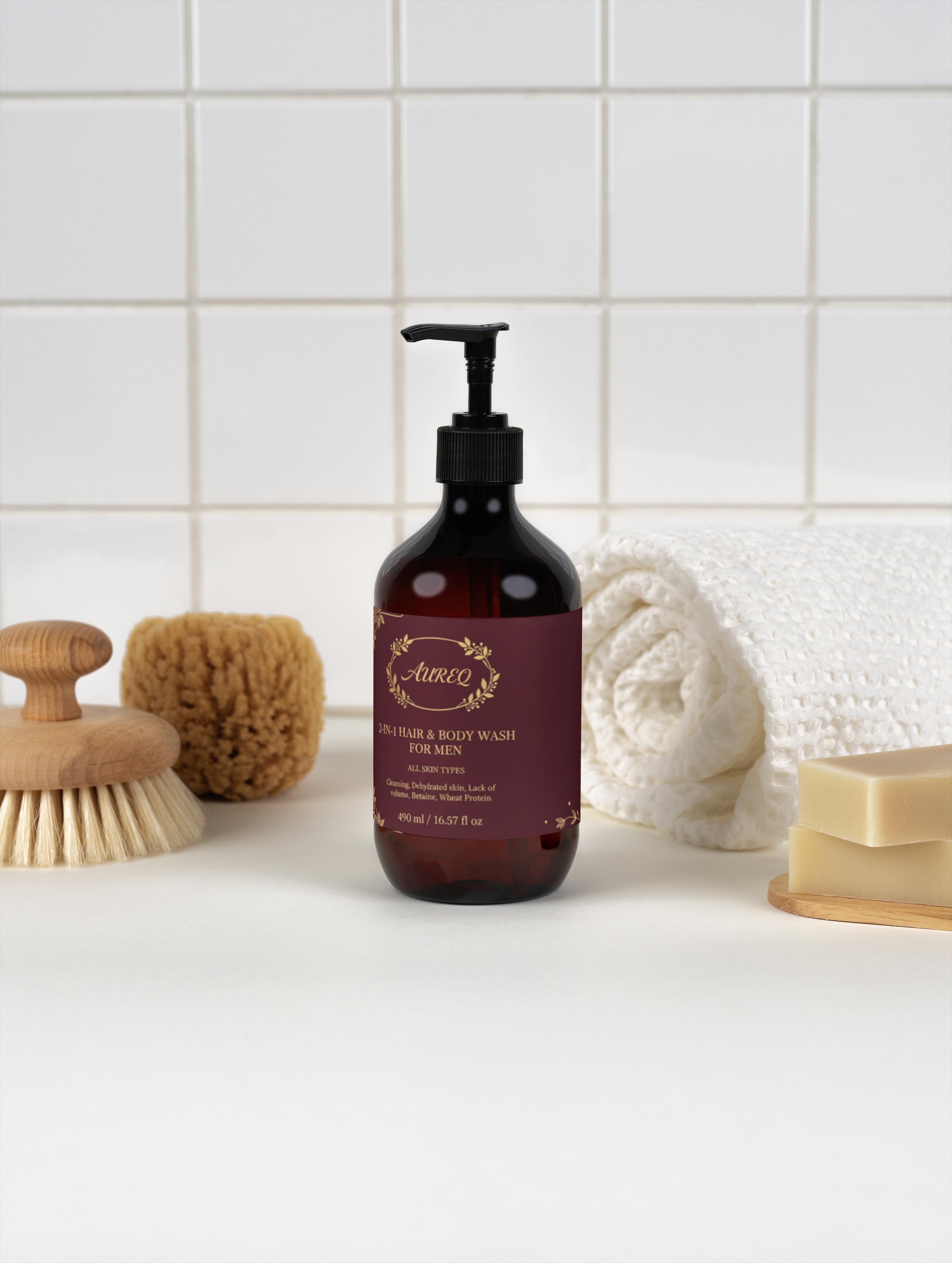 2-in-1 Hair & Body Wash for men pump bottle in bathroom setting, natural multi-use cleanser for hair and body