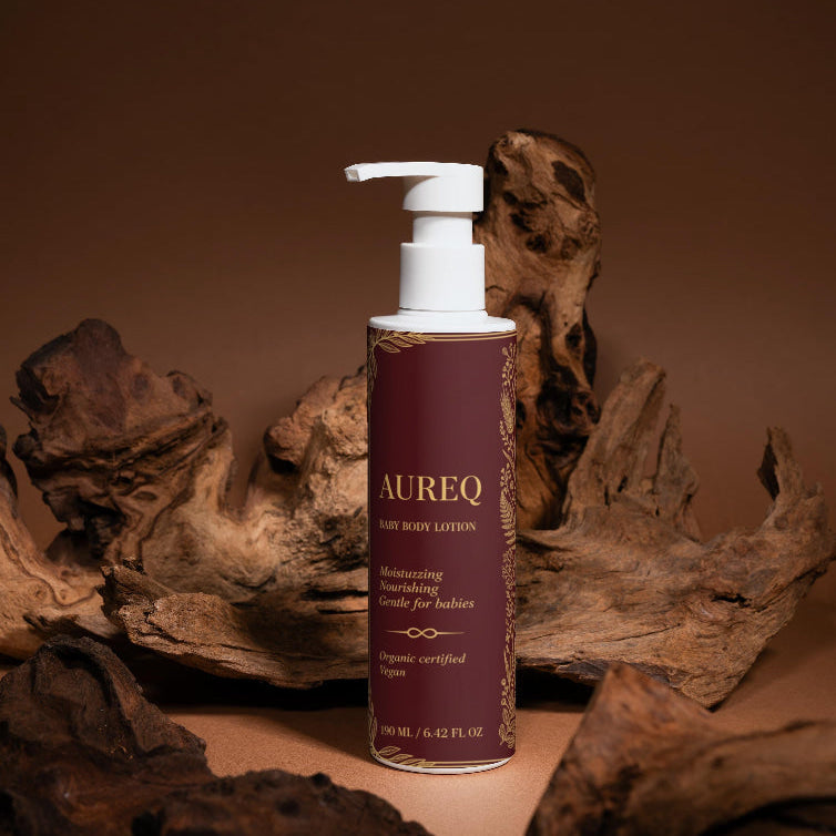 Aureq body lotion bottle on a brown background with wooden textures