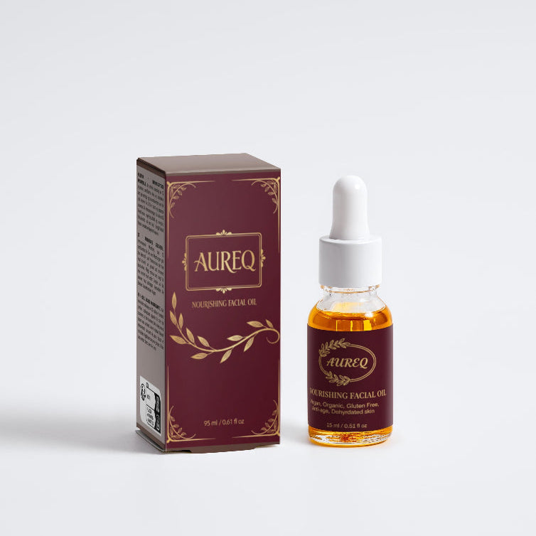 Aureo facial oil bottle and packaging on a white background