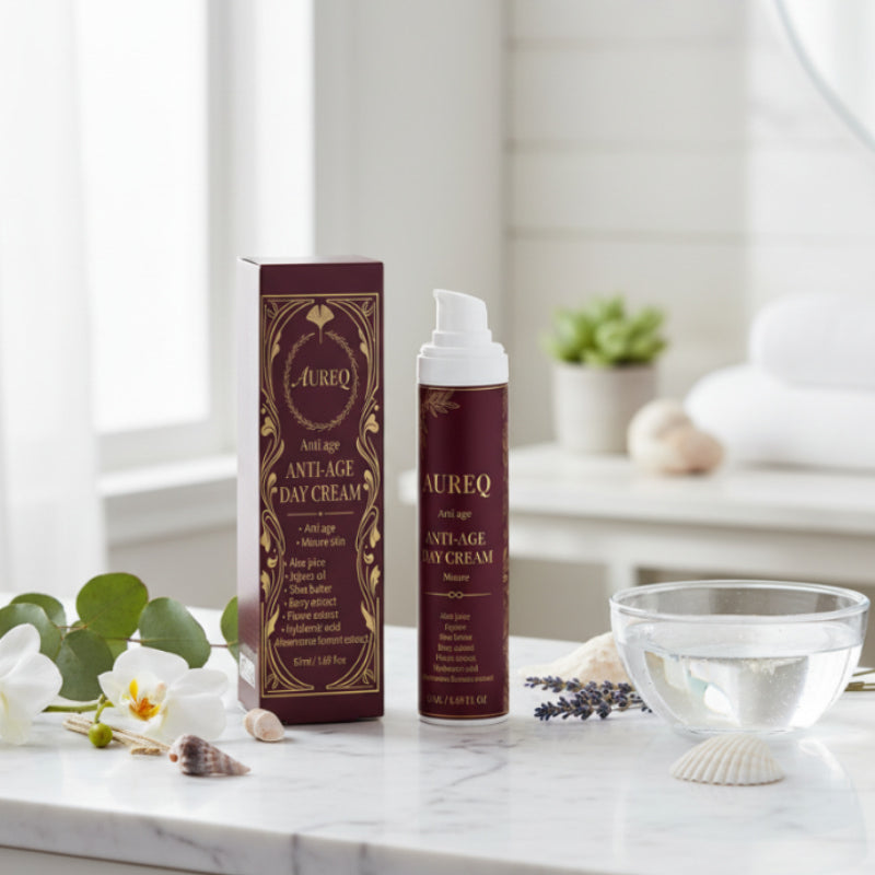 Aureq anti-age day cream bottle and box on a marble surface with decorative elements.