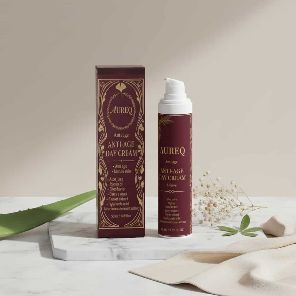 Alt Tag: hyaluronic acid cream AUREQ Anti-Age Day Moisturizer 50ml pump bottle with box on marble base