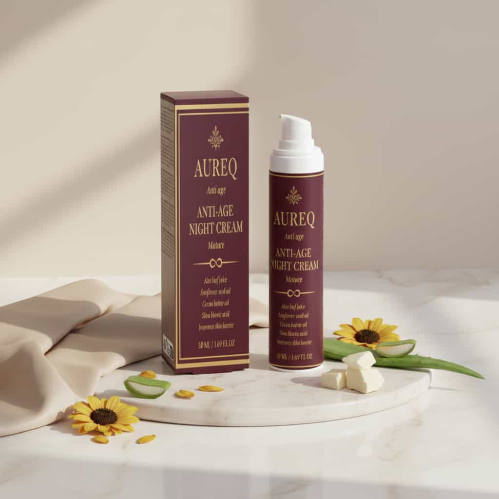 Alt Tag: organic anti-age night cream AUREQ collagen face moisturizer bottle and box on marble tray with daisies