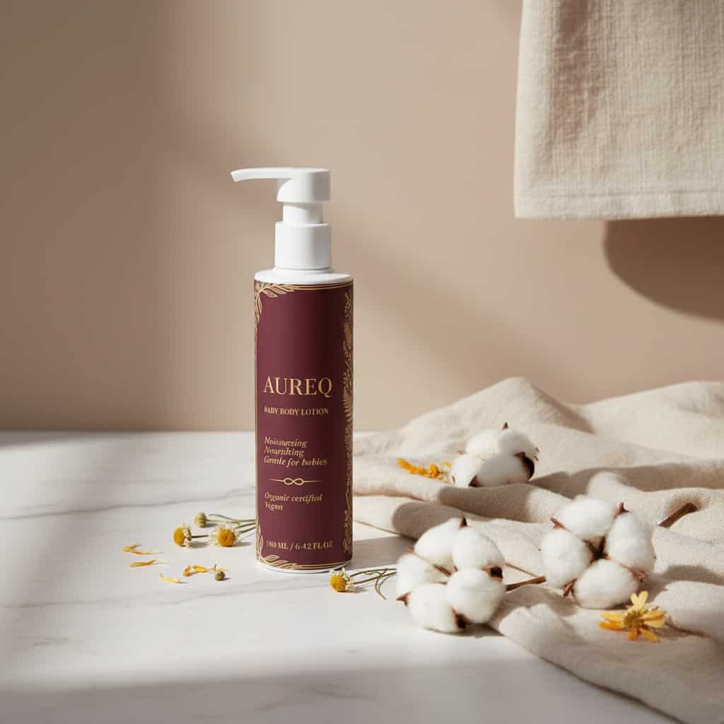 organic baby lotion AUREQ COSMOS Natural Certified 190ml pump bottle with cotton and chamomile on soft beige background
