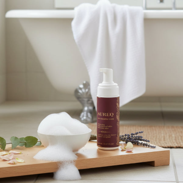 Aureq bottle with a soap dish and foam on a wooden tray in a bathroom setting.