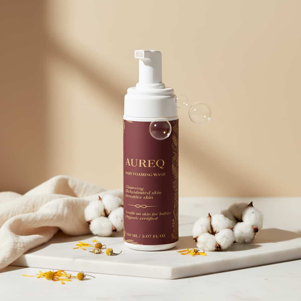 natural baby wash AUREQ COSMOS Natural certified foaming wash 150ml pump bottle with bubbles, cotton and flowers