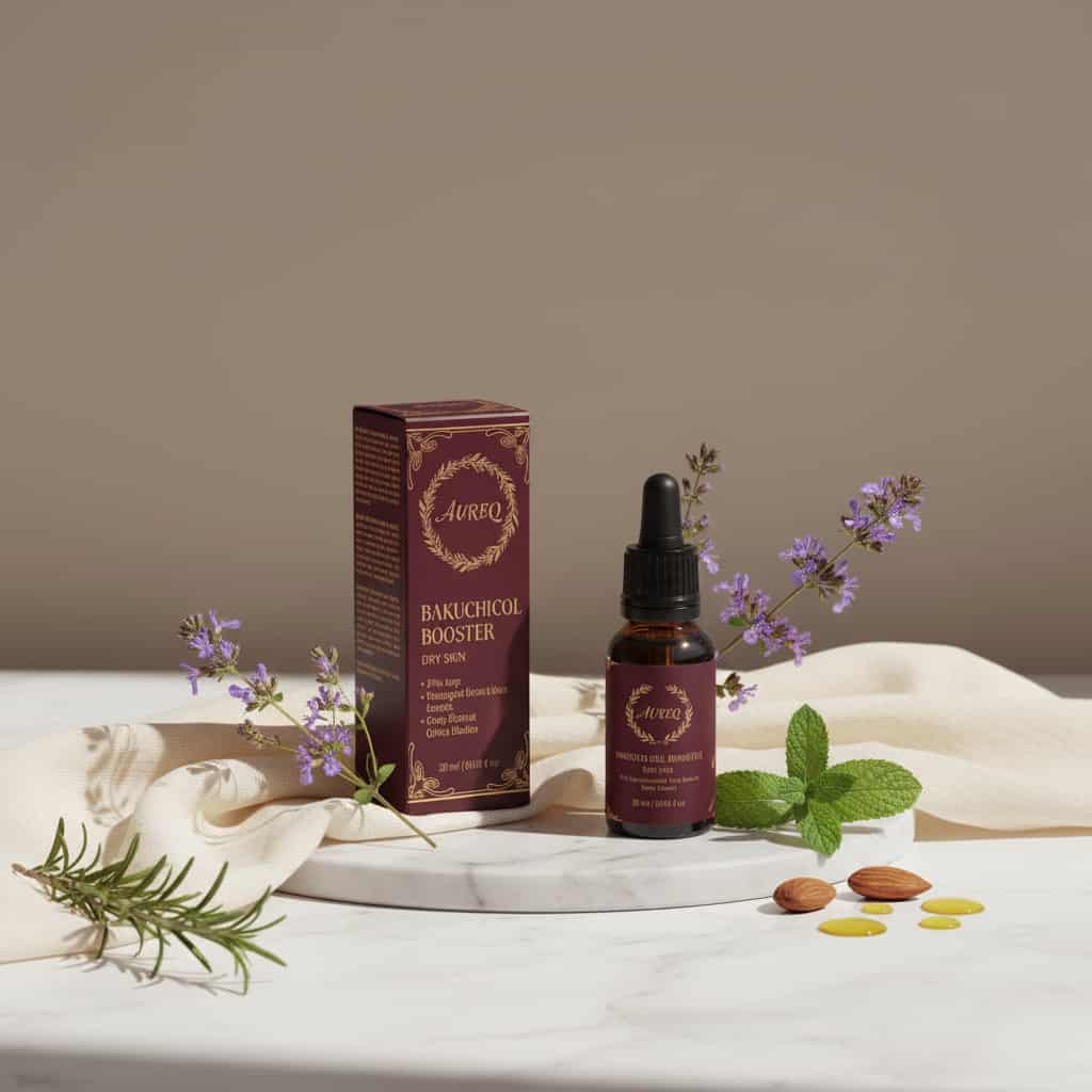 ginkgo serum AUREQ COSMOS antioxidant gel booster 30ml bottle and box on marble with botanicals and oil capsules