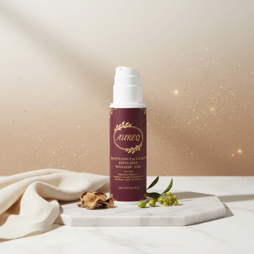 Alt Tag: kojic acid exfoliator AUREQ COSMOS Brightening Scrub 220ml with pump bottle for face and body exfoliation