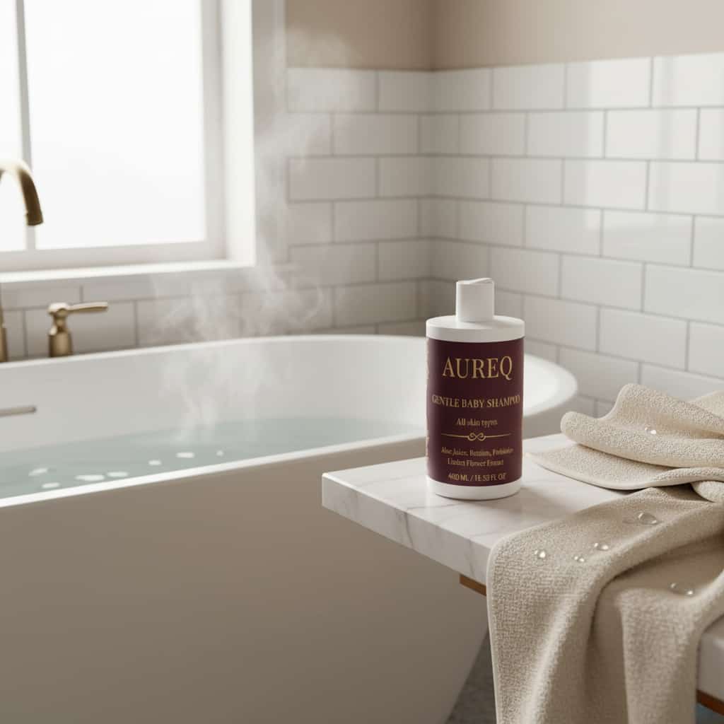 organic baby shampoo AUREQ COSMOS Natural tear-free 400ml bottle by bathtub, gentle baby hair and scalp cleanser