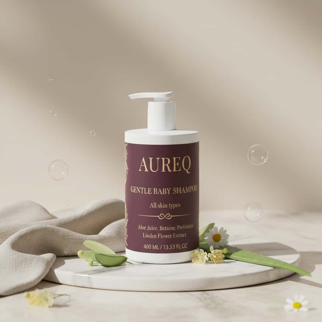 organic baby shampoo AUREQ COSMOS Natural tear-free 400ml pump bottle, gentle cleansing with organic aloe and prebiotics