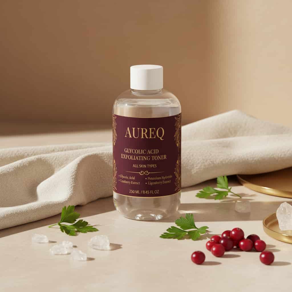 glycolic acid toner AUREQ COSMOS 5% AHA exfoliating toner 250ml bottle with berry extracts on vanity