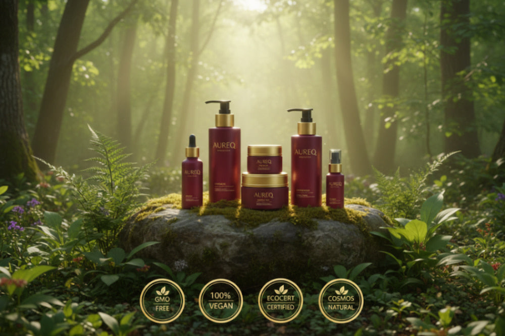 Cosmetic products on a rock in a forest with 'EcoCert' and 'CosmoNatura' logos.