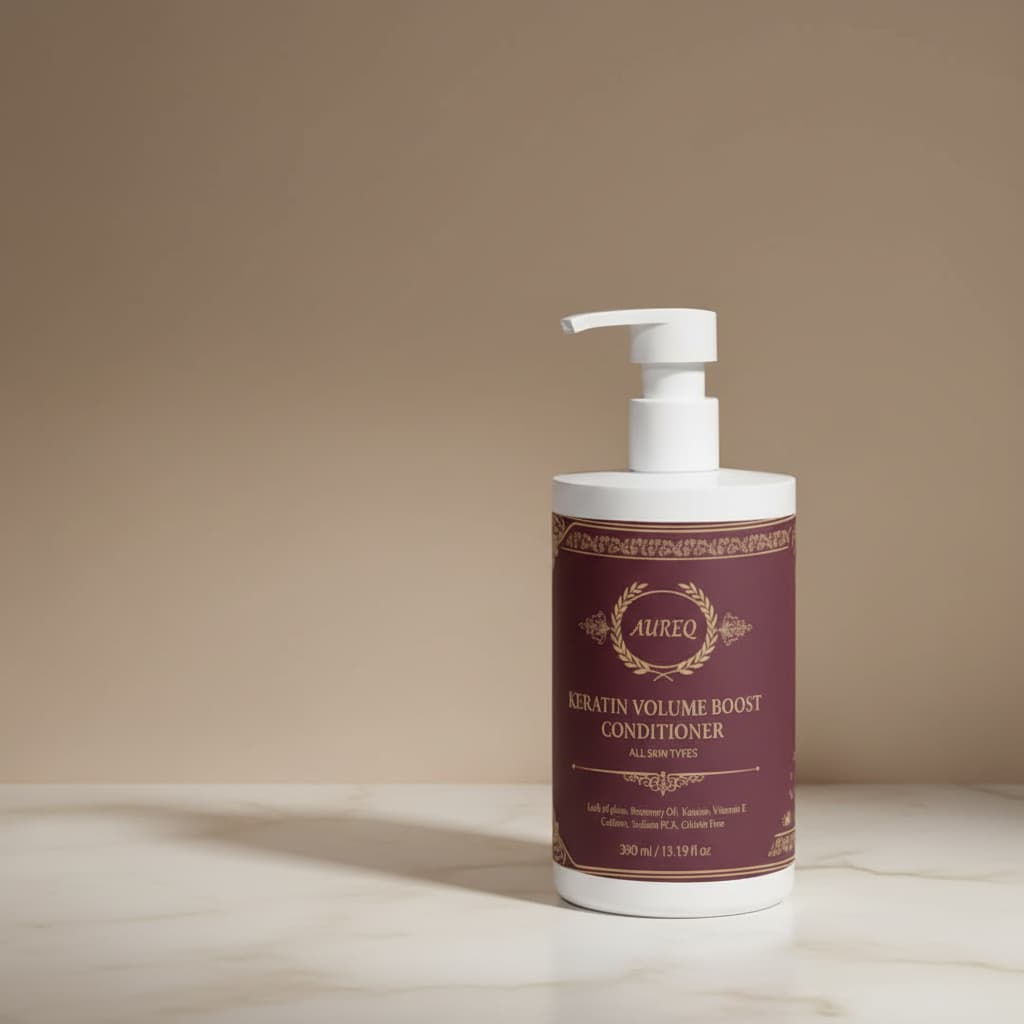 Alt Tag: volume conditioner AUREQ COSMOS Keratin Thickening 390ml pump bottle, lightweight keratin and caffeine for fuller-looking hair