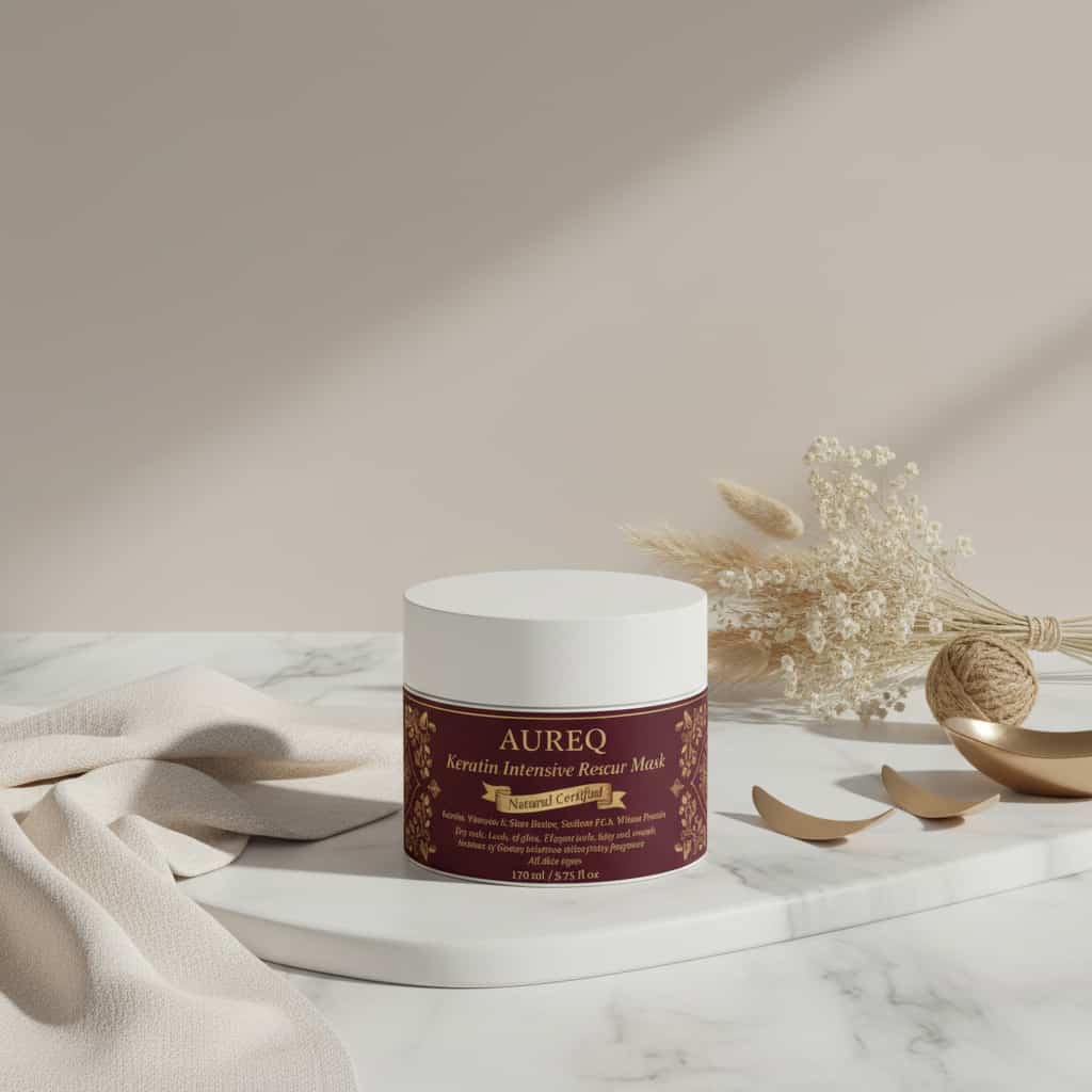 Keratin hair mask AUREQ Intensive Repair Treatment 170ml jar on marble counter for strength, silkiness and shine