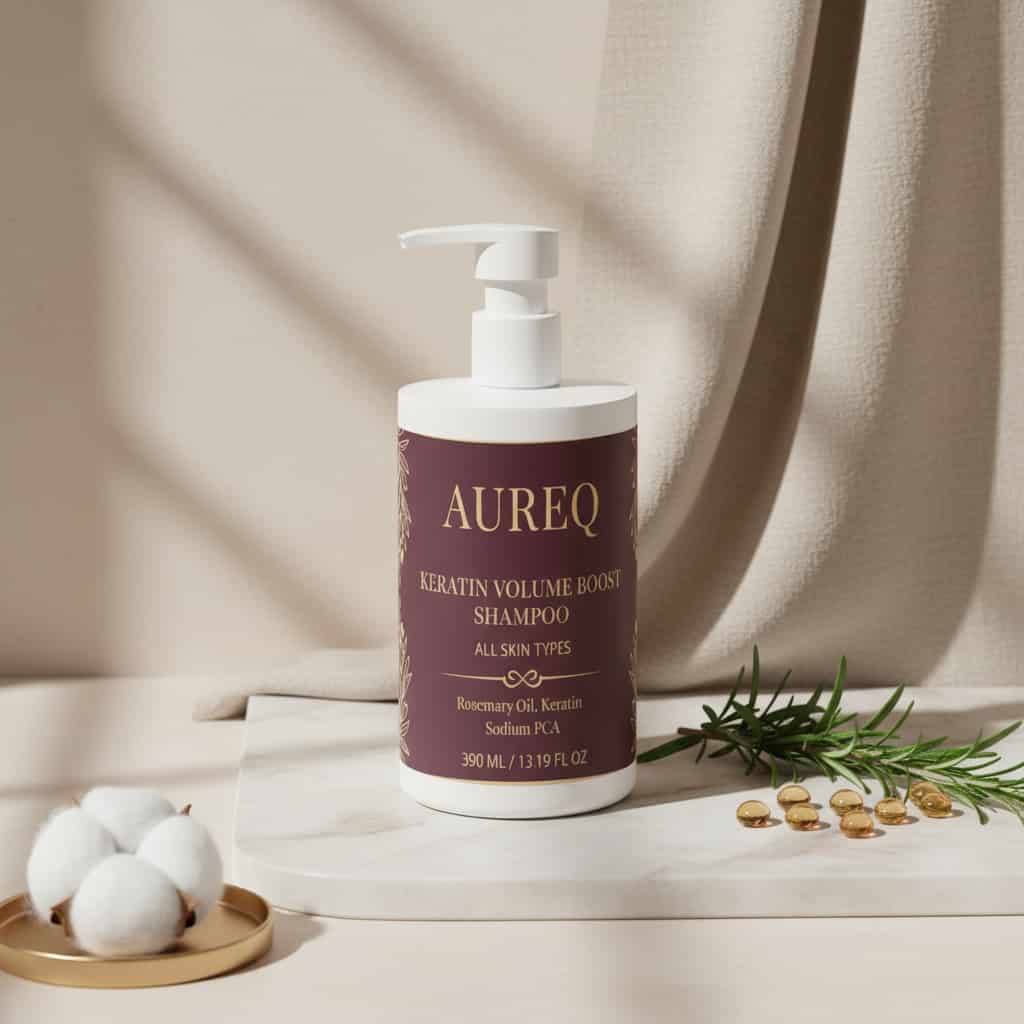 Alt Tag: volume shampoo AUREQ COSMOS Keratin Thickening 400ml pump bottle with rosemary sprig and capsules on marble tray