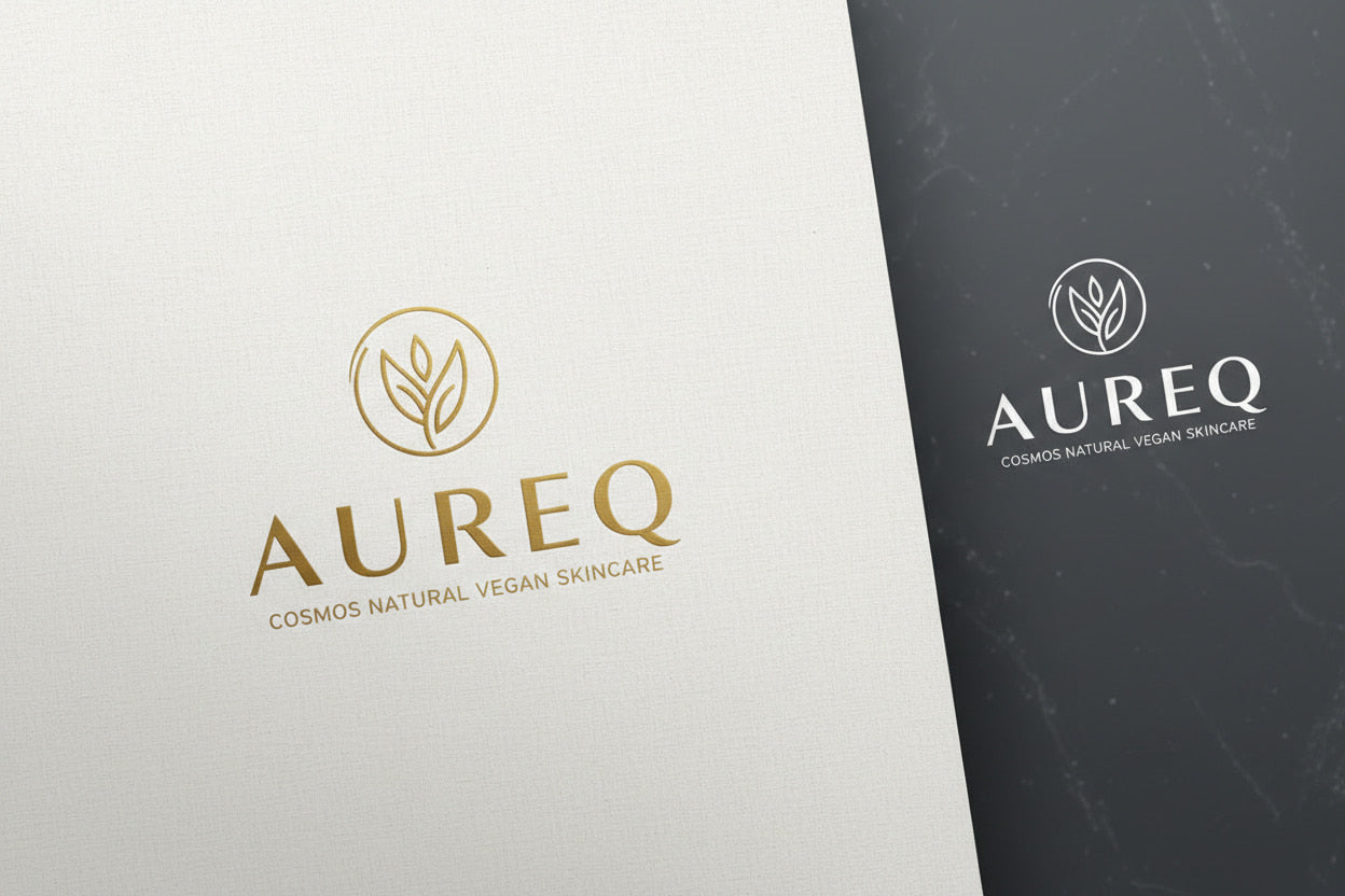 Aureq skincare brand logos on a white and dark gray background