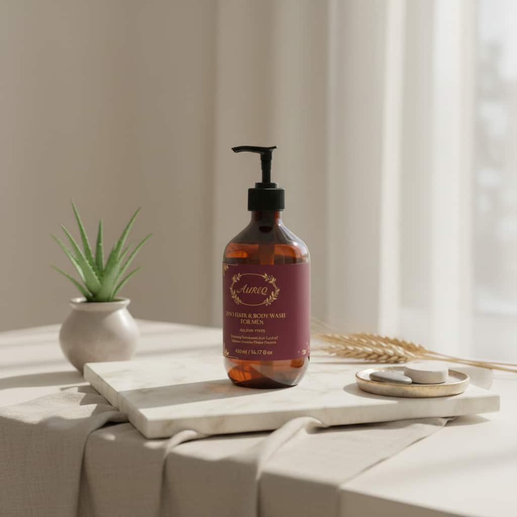 men's body wash AUREQ COSMOS 2-in-1 Hair & Body 580ml pump bottle on bathroom counter with soap dish and plant