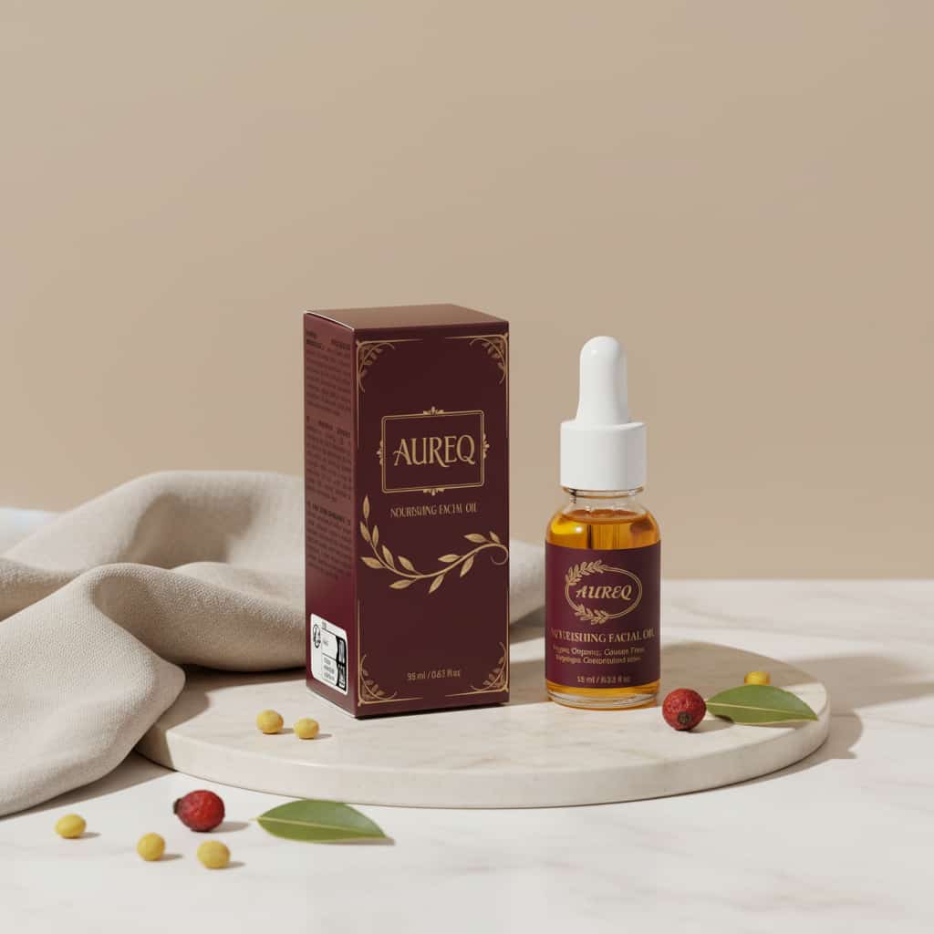 organic facial oil AUREQ COSMOS 11 oils blend 30ml dropper bottle and box on marble tray with botanical leaves