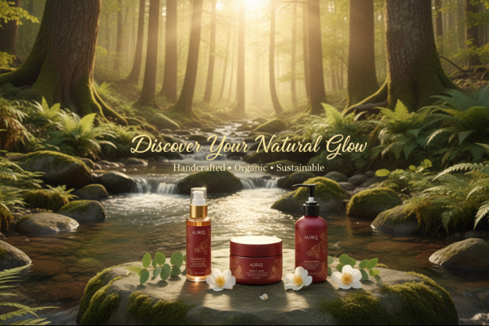 Cosmetic products on a rock in a forest with 'Discover Your Natural Glow' text.