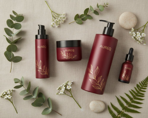 Aureq skincare products on a textured beige surface with green leaves and flowers.