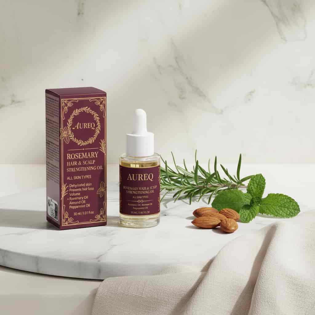 Alt Tag: rosemary hair oil AUREQ COSMOS scalp strengthening 30ml dropper bottle with rosemary, mint leaves and almonds on marble