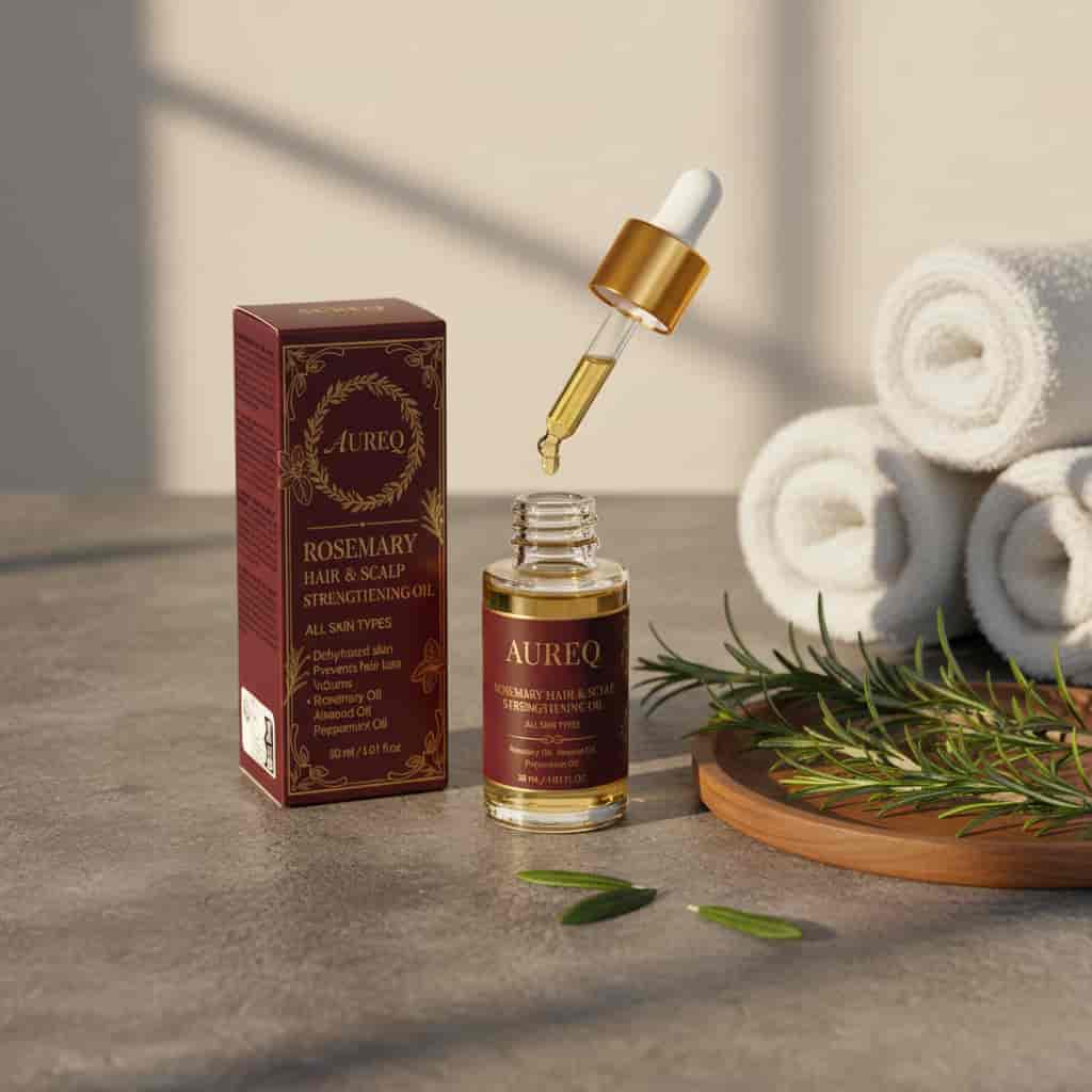 Alt Tag: rosemary hair oil AUREQ COSMOS scalp strengthening 30ml bottle with dropper, box packaging, and fresh rosemary sprigs