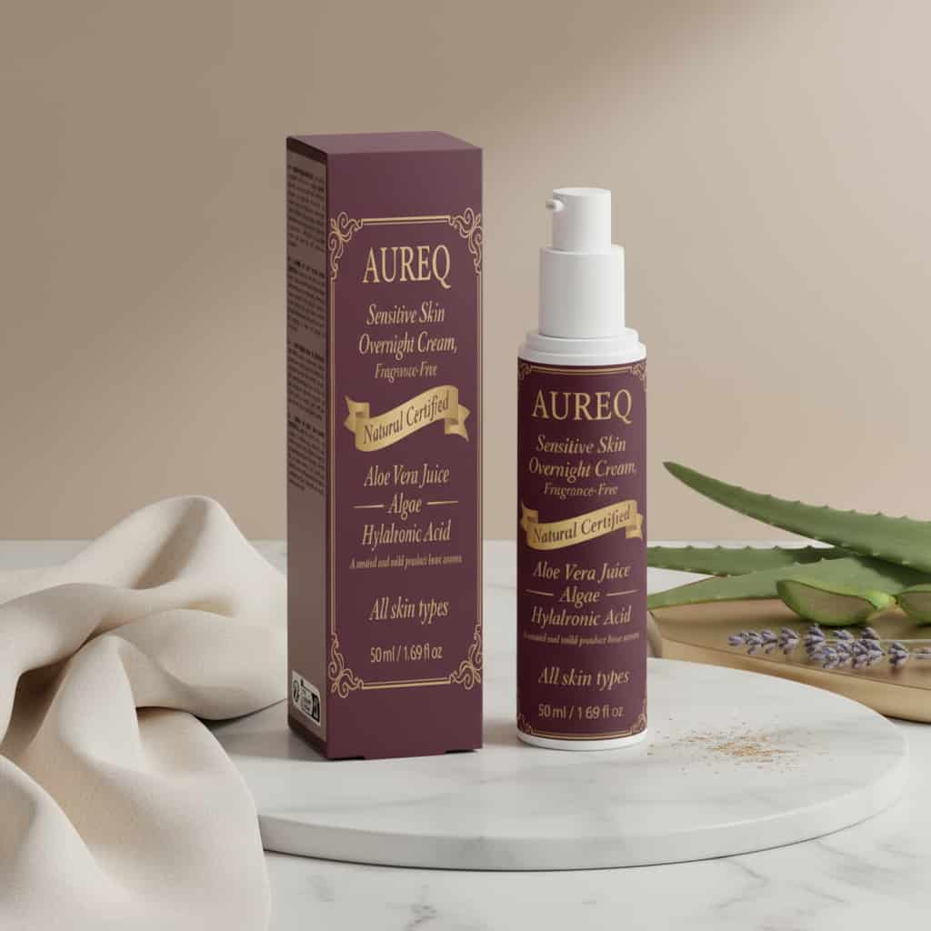 Alt Tag: sensitive skin night cream AUREQ fragrance-free overnight moisturizer 50ml with aloe vera and hyaluronic acid pump bottle and box