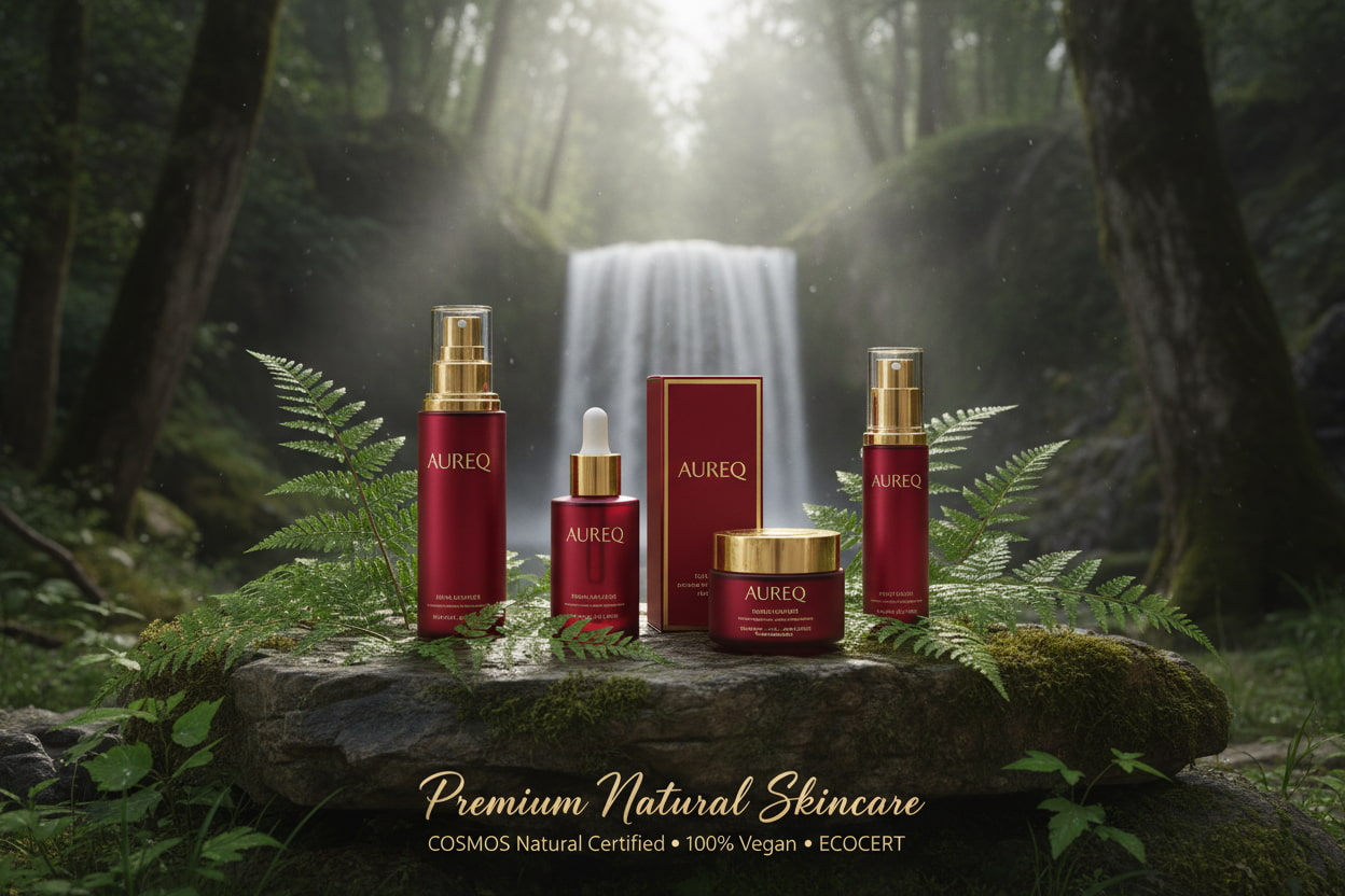 Aureq skincare products in a forest setting with a waterfall.