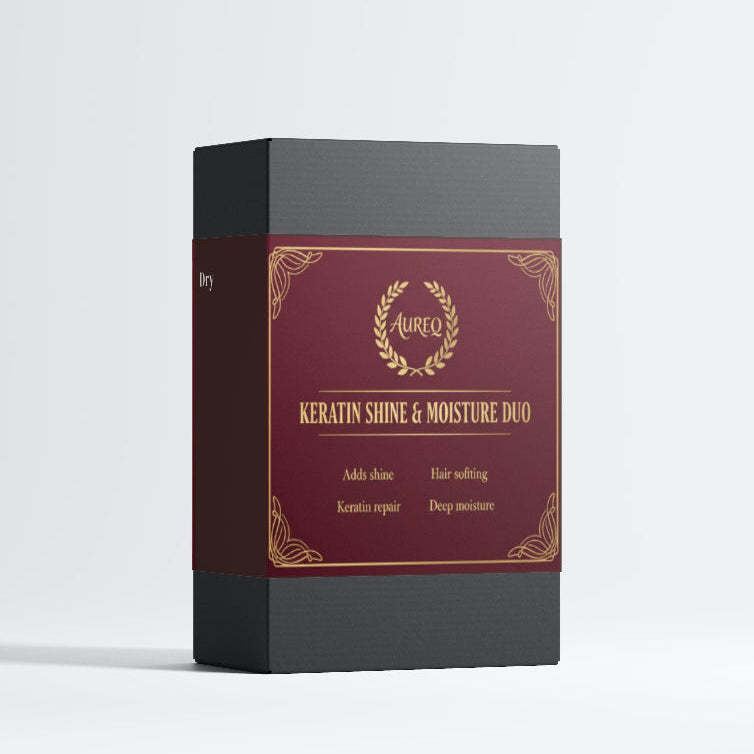 Keratin shine and moisture duo packaging on a white background