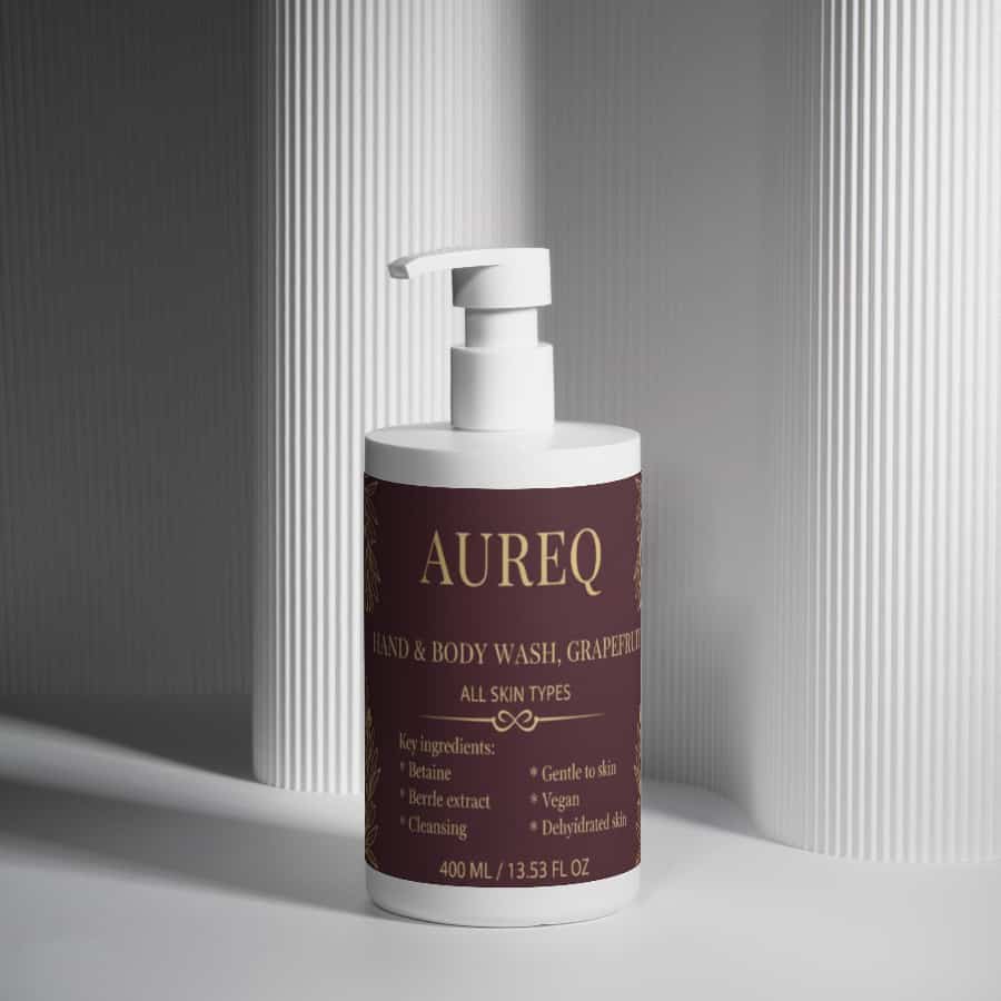 Alt Tag: natural body wash AUREQ Grapefruit hand and body wash 400ml COSMOS Natural certified pump bottle for all skin types