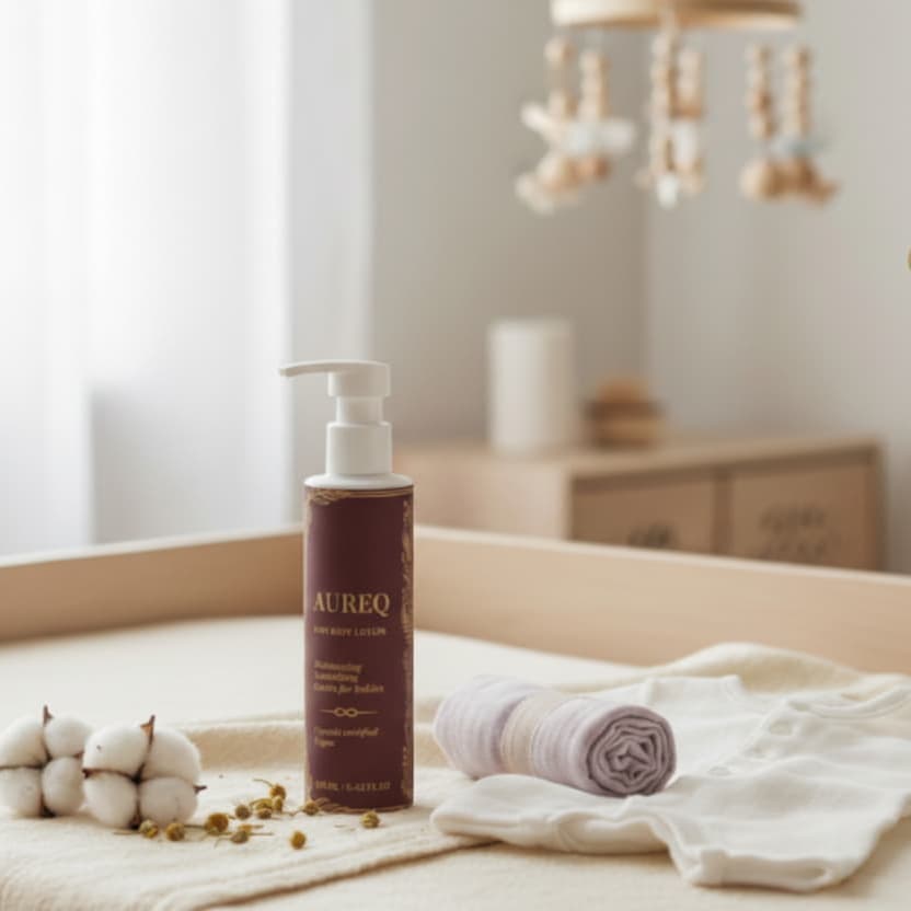 AUREQ Organic Baby Lotion - COSMOS Natural & ECOCERT certified, vegan baby moisturizer in nursery setting with cotton flowers, 190ml
