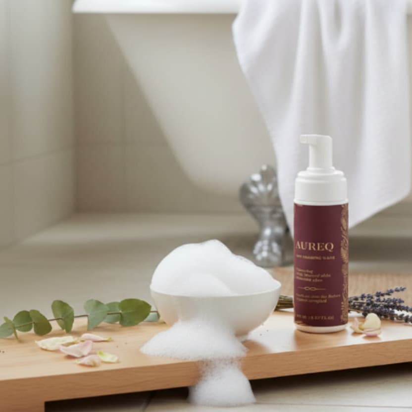 AUREQ Natural Baby Wash - COSMOS Natural & ECOCERT certified, vegan foaming cleanser in spa bathroom with lavender & eucalyptus, 150ml
