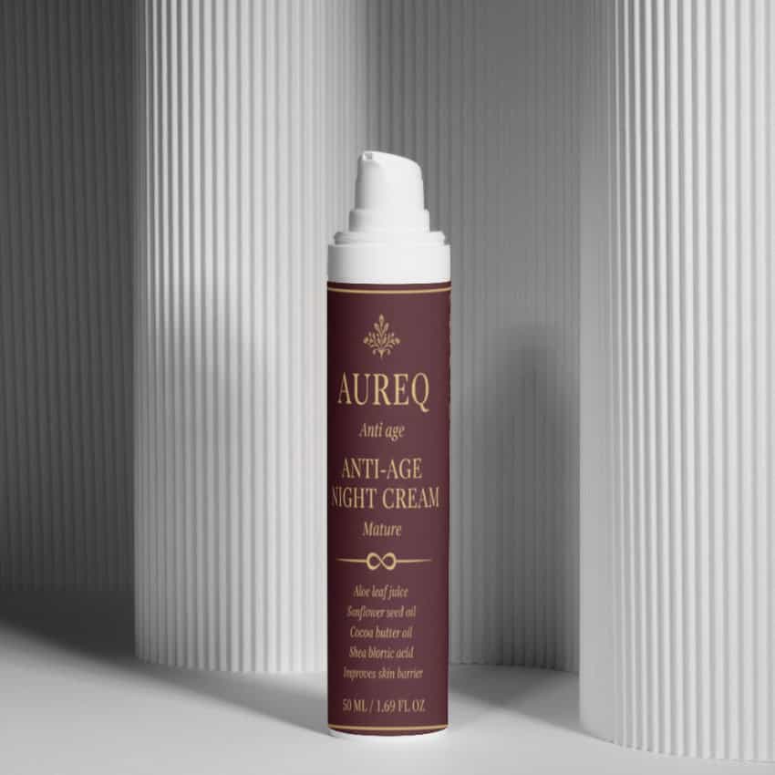 Alt Tag: organic anti-age night cream AUREQ collagen face moisturizer bottle with pump, COSMOS Natural certified overnight renewal skincare