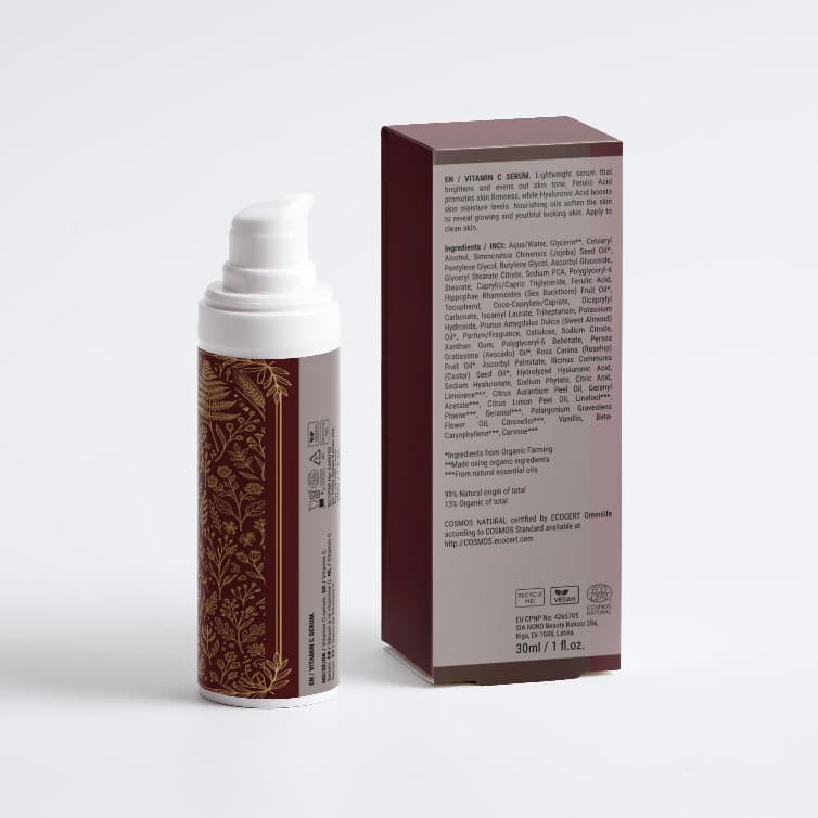 AUREQ vitamin c serum COSMOS certified 30ml brightening serum bottle with burgundy gold packaging