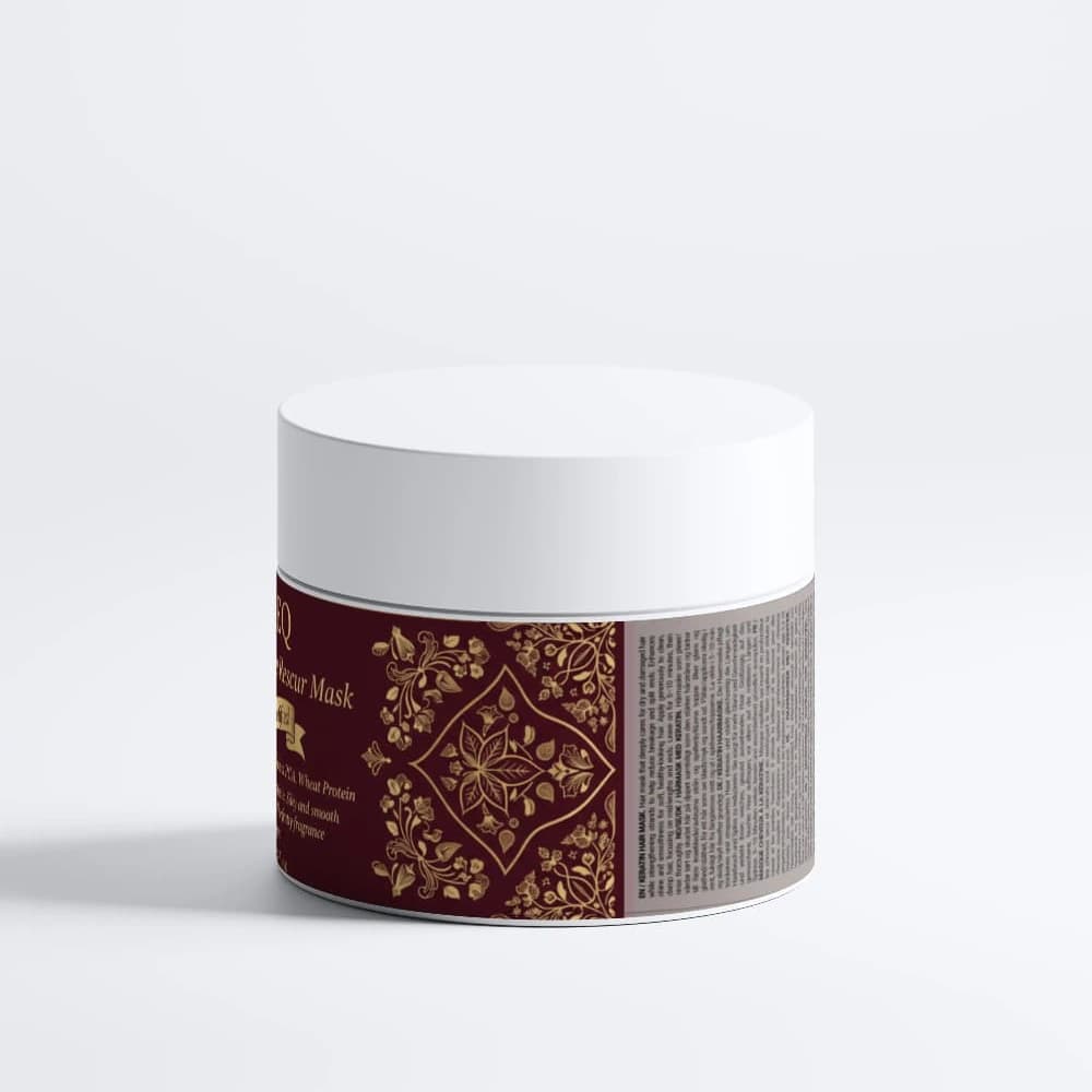 Keratin hair mask AUREQ jar with burgundy label showing natural certified ingredients for damaged hair