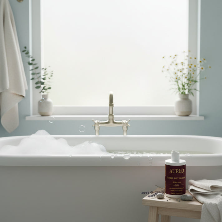 Bathroom scene with a bathtub, plants, and a bottle of Aureq body wash.