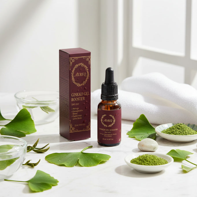 Auro Ginkgo Gel Booster bottle and packaging on a white surface with ginkgo leaves and powder.