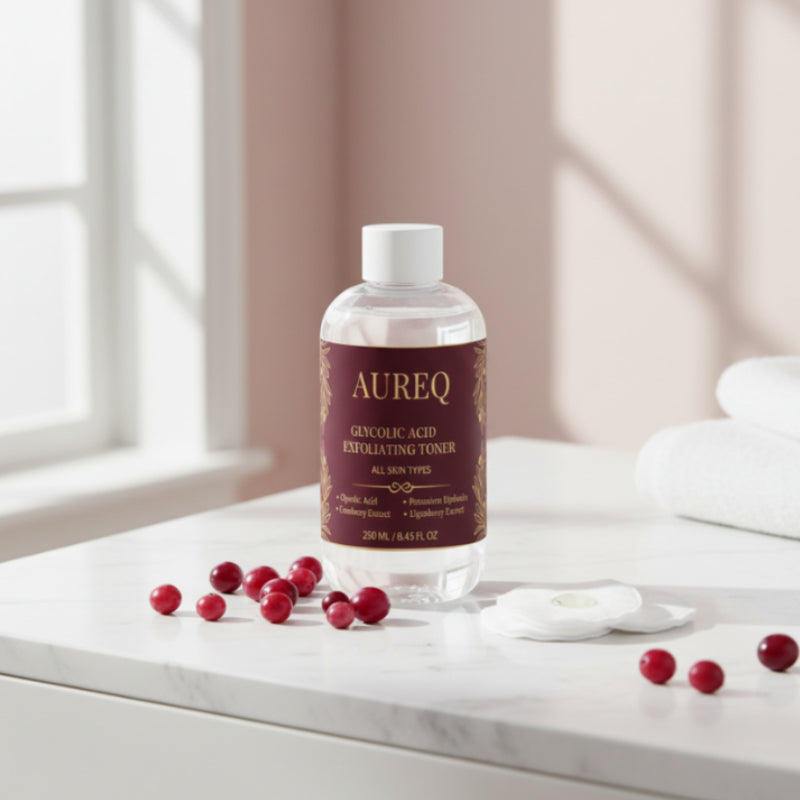 Aureq toner bottle on a bathroom counter with berries around
