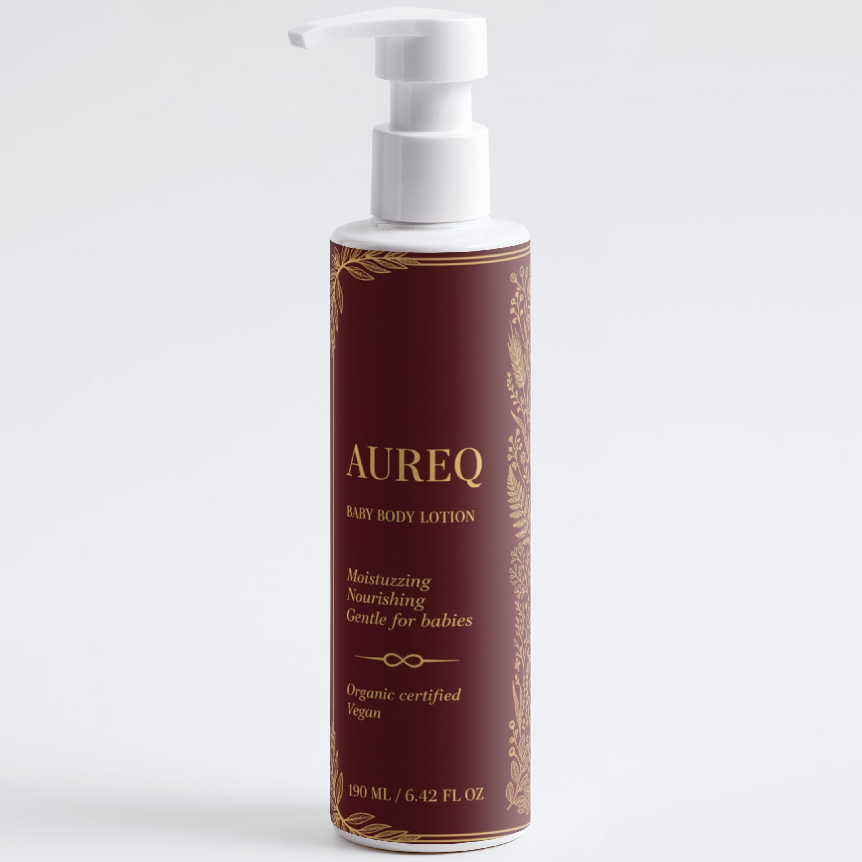 Aureq body lotion bottle on a white background